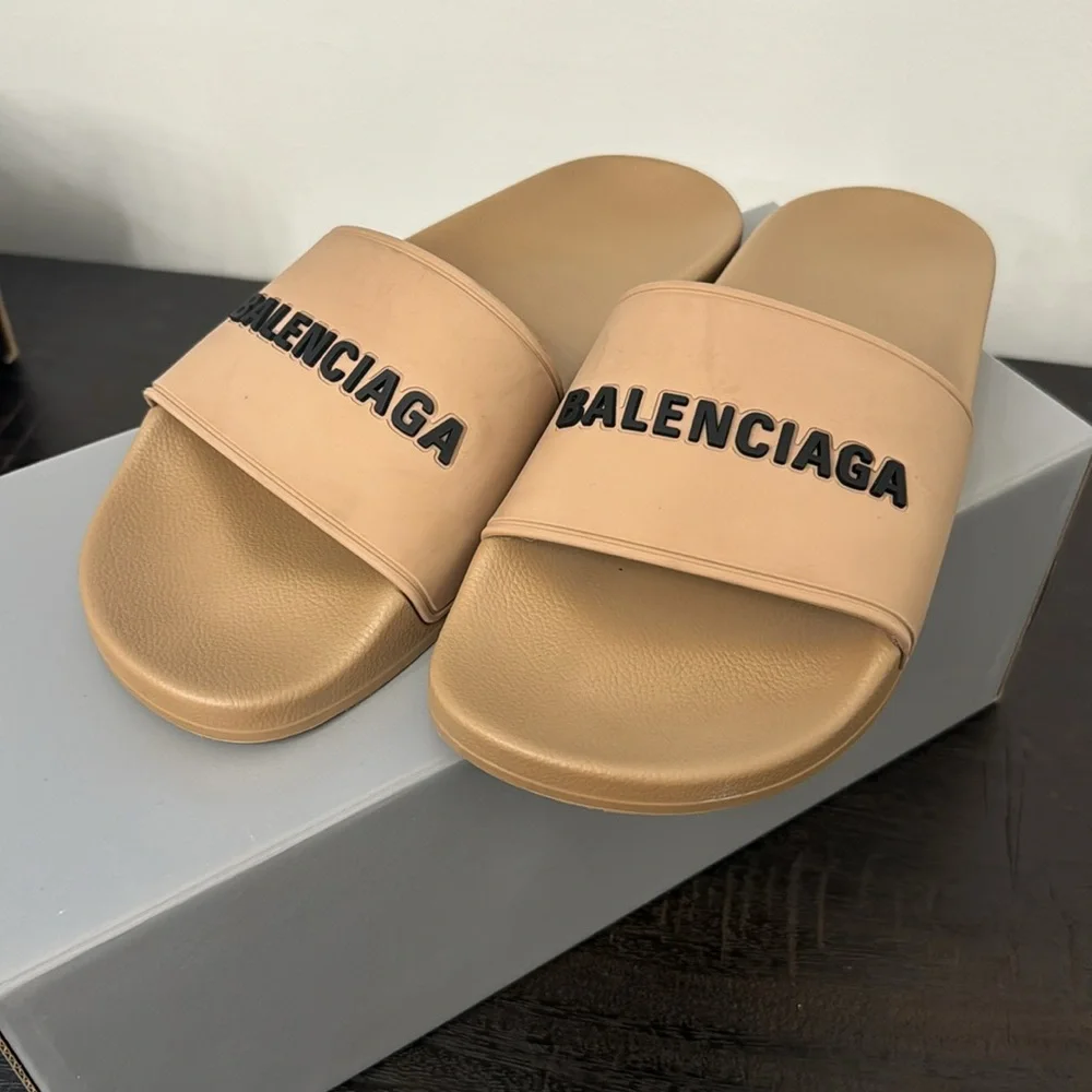 Balenciaga logo Beige Slide Sandals woman sz 7
